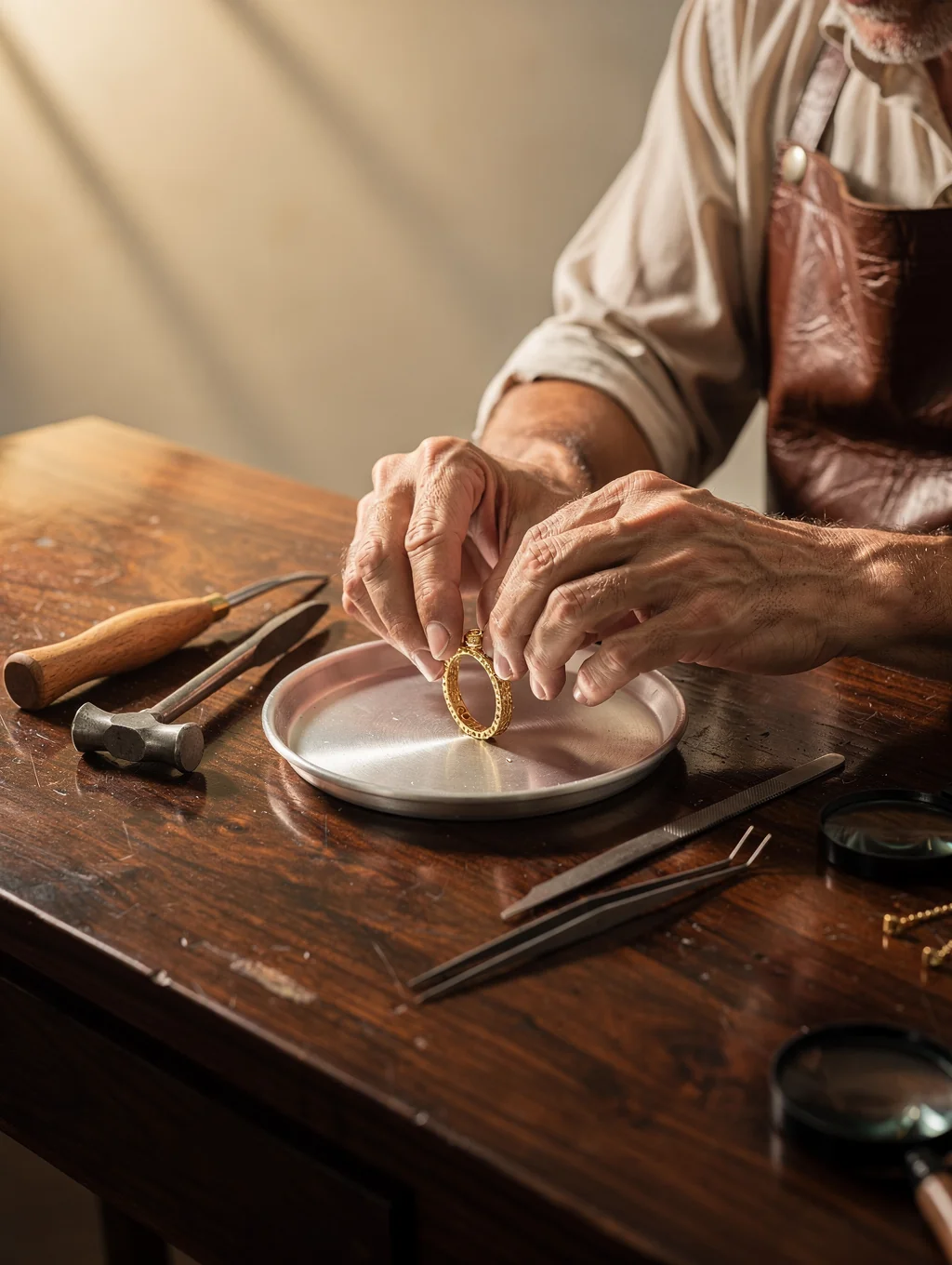 Master silversmith hand-carving sterling silver at the jeweler bench